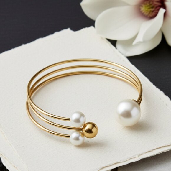 🆕️Elegant 14K Gold Plated Pearl Accent Adjustable Cuff Bracelet + Free Earrings - Picture 3 of 12